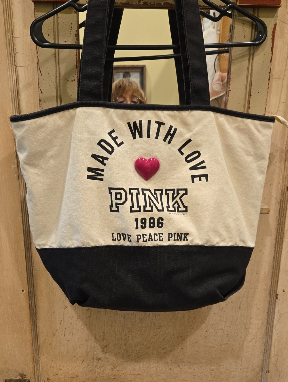 PINK Victoria's Secret Cream & Black Canvas Tote with Pink Heart Accent